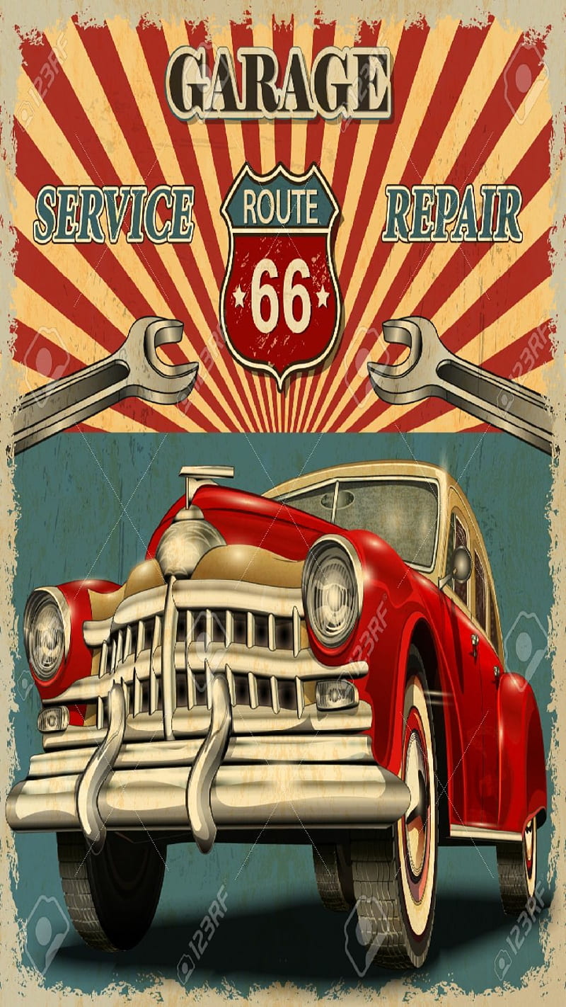 Route 66, vintage, sign, auto, car, garage, muscle, logo, towing, repair, HD phone wallpaper