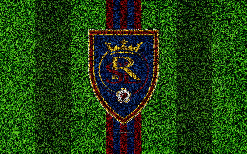 Real Salt Lake, RSL MLS, football lawn, logo, american soccer club, blue red lines, grass texture, Salt Lake City, Utah, USA, Major League Soccer, football, HD wallpaper
