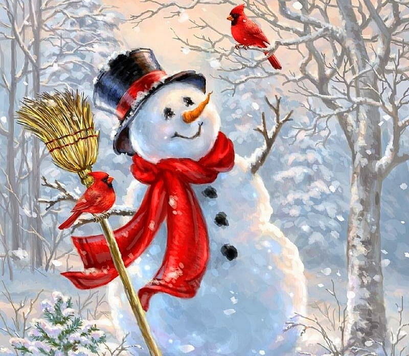 White Christmas, Christmas, holidays, love four seasons, birds, snowman, broom, xmas and new year, winter, cardinals, paintings, snow, white, HD wallpaper