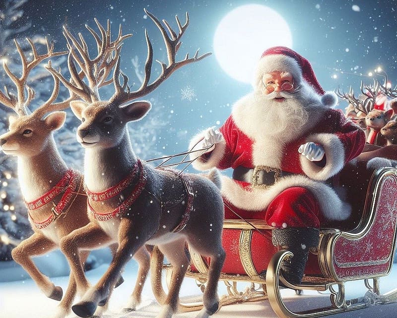 Santa Claus with reindeer, ejjel, telihold, karacsony, renszarvas, ajandekok, szanko, mikulas, eszaki sark, havas, ho, tel, HD wallpaper
