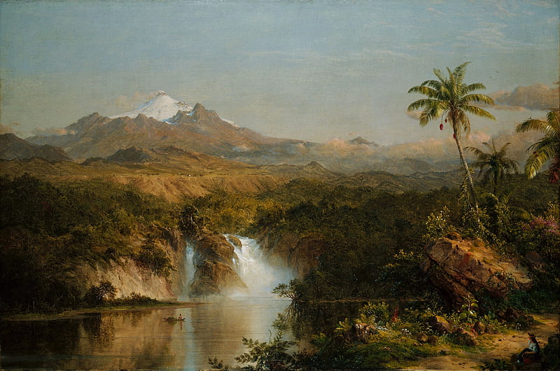 View of Cotopaxi, art, frederic edwin church, luminos, painting, waterfall, pictura, palm tree, HD wallpaper