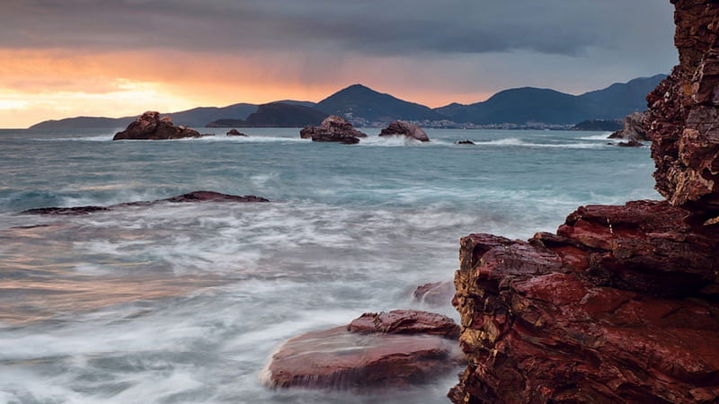 rugged beautiful seacoast, rocks, mountains, sunset, coast, sea, mist, HD wallpaper