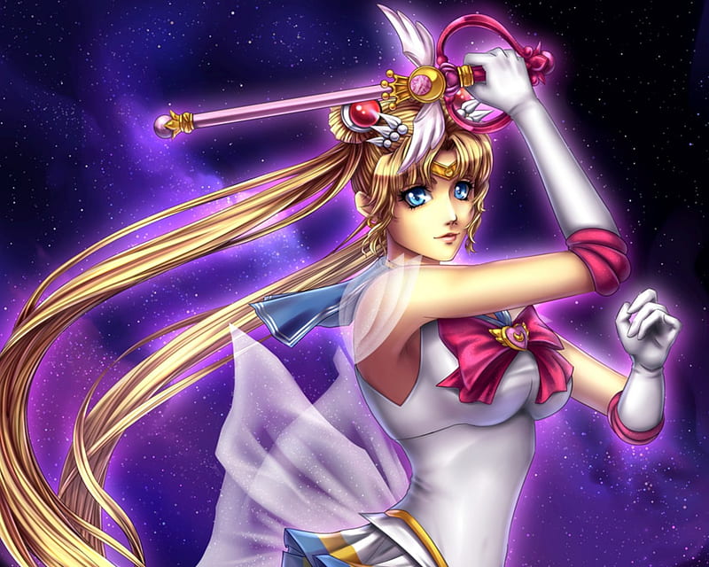 Sailor Moon, staff, pretty, cg, sweet, nice, anime, beauty, anime girl, weapon, realistic, long hair, lovely, twintail, ribbon, blonde, agi, awesome, iden, great, ood, white, maiden, dress, blond, divine, lue, bonito, sublime, elegant, twin tail, magical girl, tsukino usagi, blue, sailormoon, gorgeous, usagi, female, wand, rod, blonde hair, twintails, usagi tsukino, twin tails, blond hair, tsukino, girl, lady, HD wallpaper