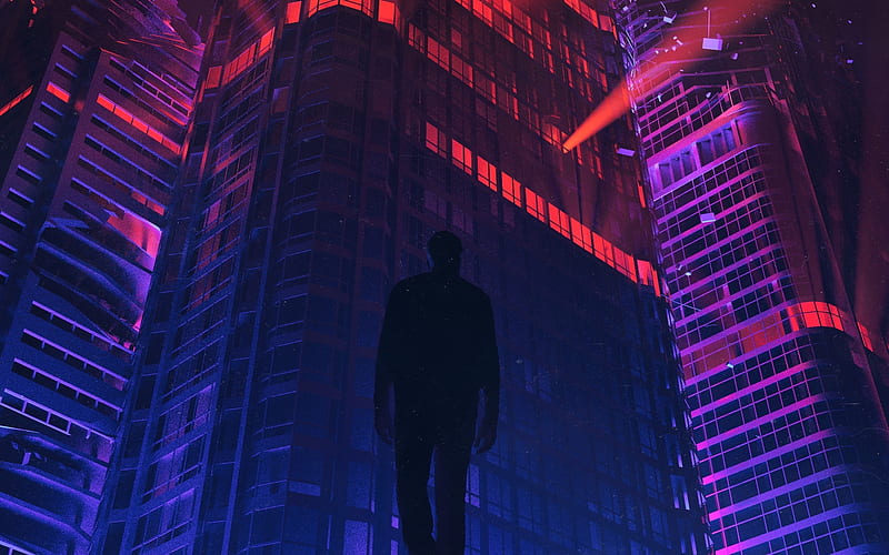 buildings, man, luminis, silhouette, synthpop, city, fantasy, mike ...