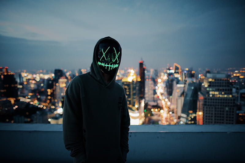 anonymous, mask, hood, hoodie, city, glow, HD wallpaper