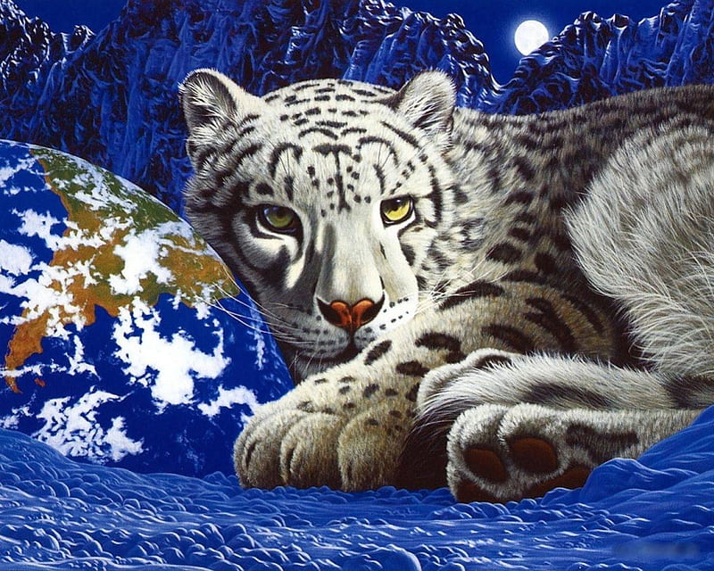 Snuggle Time, art, moon, planet, blue planet surface, tiger cub, snuggled, HD wallpaper