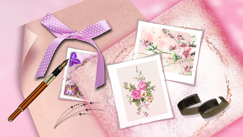 to Send, fountain pen, sakura, film strip, ribbon, firefox persona, parchment, abstract, pink, HD wallpaper