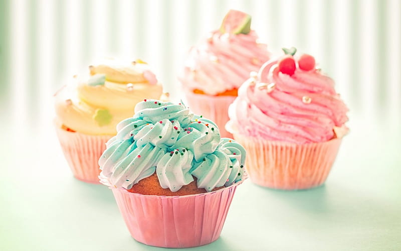 Cupcakes, red, food, yellow, sweet, dessert, pink, cream, blue, HD wallpaper