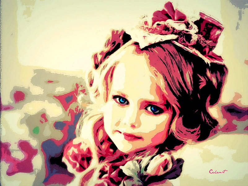 Little princess, poster, art, by cehenot, hat, girl, painting, beauty, child, blue eyes, pink, HD wallpaper