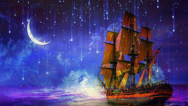 Evening Sail, stars, moon, ship, sailship, artwork, sea, HD wallpaper