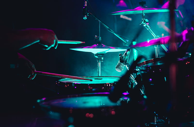 drum, instrument, neon, dark, HD wallpaper