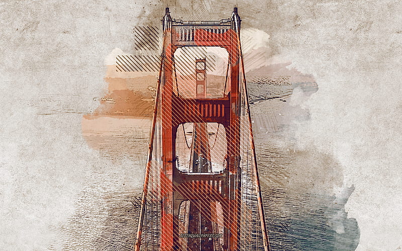Golden Gate Bridge, San Francisco, USA, grunge art, creative art, painted Golden Gate Bridge, drawing, Golden Gate Bridge abstraction, digital art, painted San Francisco, HD wallpaper
