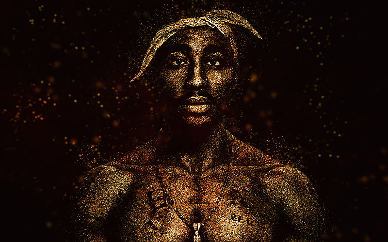 2Pac, gold glitter art, Tupac Shakur, black background, American rapper, 2Pac art, Makaveli, Lesane Parish Crooks, HD wallpaper