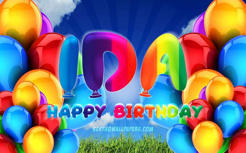 Ida Happy Birtay cloudy sky background, popular german female names, Birtay Party, colorful ballons, Ida name, Happy Birtay Ida, Birtay concept, Ida Birtay, Ida, HD wallpaper