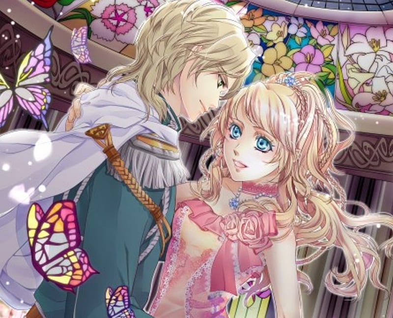 ~: L♡VE :~, pretty, green eyes, wing, sweet, floral, nice, butterfly, love, anime, royalty, handsome, beauty, anime girl, gems, jewel, long hair, wings, romance, gown, blonde, braids, jewelry, short hair, lover, dress, divine, guy, adore, bonito, elegant, blossom, gemstone, blue eyes, couple, gorgeous, female, male, romantic, blonde hair, boy, girl, flower, petals, HD wallpaper