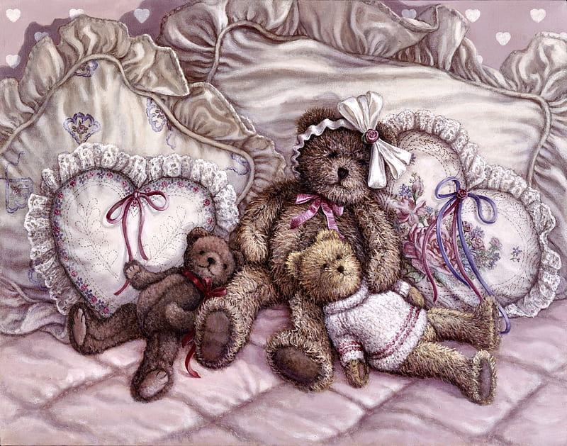 Nap Time F, art, teddybears, bonito, illustration, artwork, teddy bears, stuffed animals, painting, wide screen, Kruskamp, toys, pillows, HD wallpaper