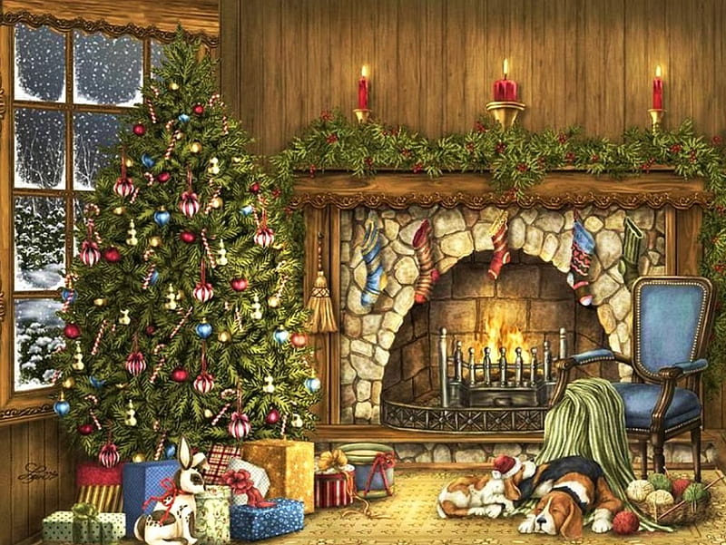 Christmas Eve, christmas tree, window, decoration, artwork, candles, snow, painting, chimney, gifts, dog, HD wallpaper