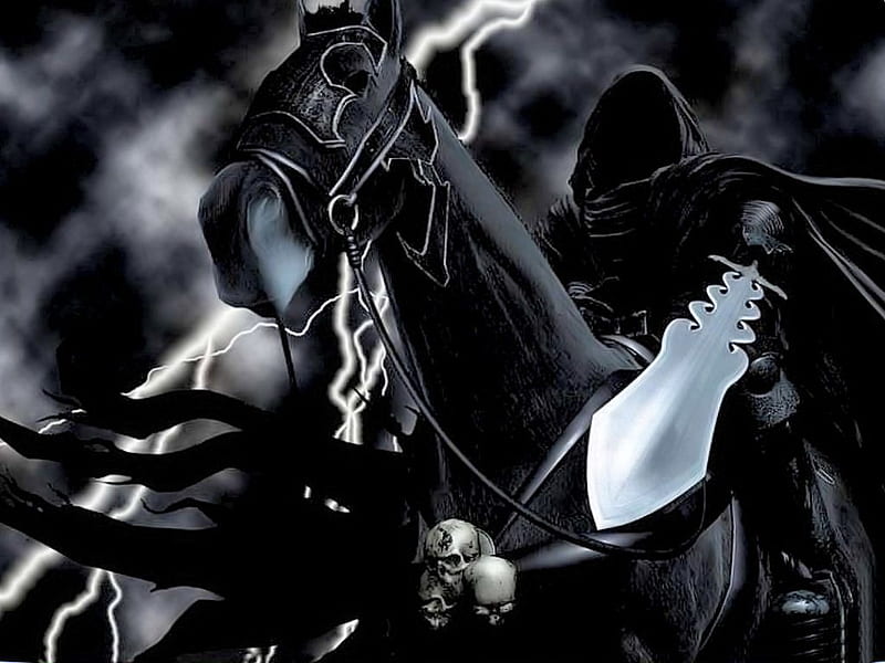 gloomy Knight, fantasy, death, 3d, reaper, dark, gloom, horse, abstract, HD wallpaper