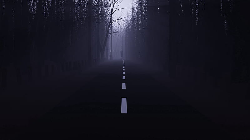 road, forest, fog, mist, trees, dark, HD wallpaper