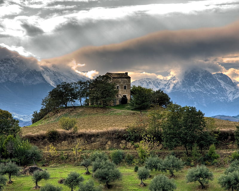 Between The Mountains,Abruzzo Italy, brown, mountains, nature, trees, clouds, castle, sky, blue, HD wallpaper
