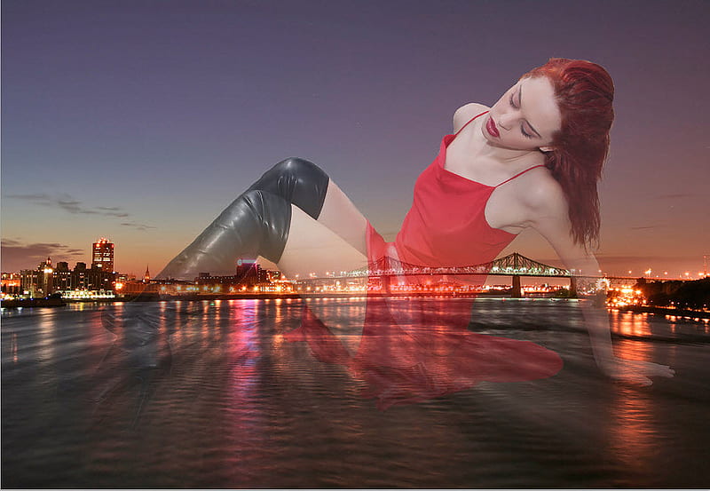 Red fantasy, red, boots, clouds, women, lights, fantasy, high heels, bridge, reflection, underwater, town, black, sky, abstract, water, 3d, nights, lady, HD wallpaper