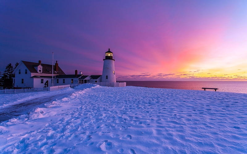 Lighthouse in Winter, sunset, sea, winter, lighthouse, HD wallpaper
