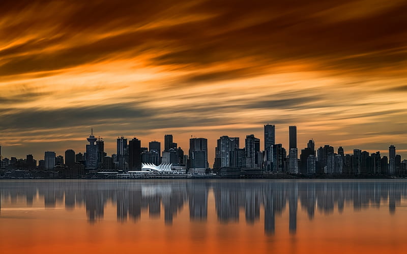 Vancouver, Canada, sunset, city line, seaport, cityscape, skyscrapers, British Columbia, HD wallpaper