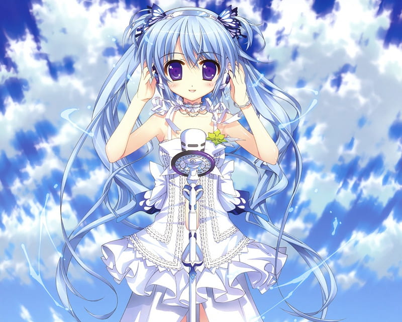 Let's the world hear me Sing, superstar, dress, headphones, twin tail, anime, hot, anime girl, purple eyes, long hair, blue, female, cloud, twintail, ribbon, gown, diva, twintails, sky, singer, sexy, twin tails, cute, microphone, girl, blue hair, white, idol, HD wallpaper