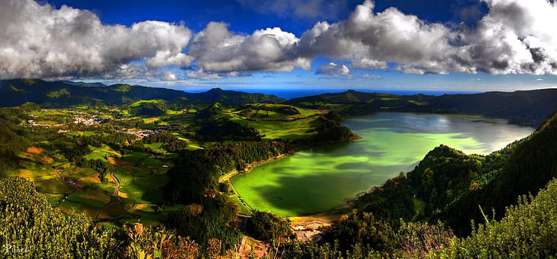 beautiful lake on san miguel island in the azores, hills, village, fields, island, clouds, lake, HD wallpaper