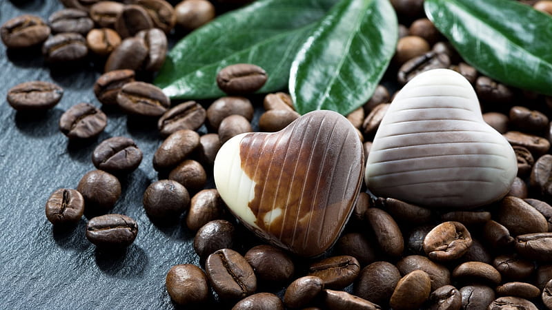 cava, coffee, grain, chocolate, candy heart, coffee beans, chocolates, candy hearts, HD wallpaper