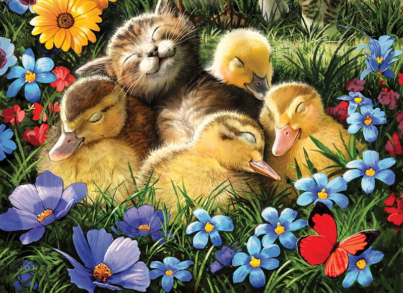:), art, sleep, yellow, spring, cat, larry jones, animal, cute, flower, painting, ducklings, pisici, kitten, pictura, blue, HD wallpaper