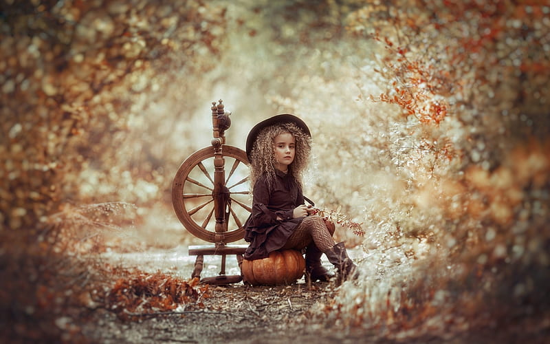Little Witch, girl, hat, pumpkin, autumn, leaves, spinning wheel, HD wallpaper