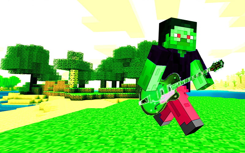 Minecraft Steve Zombie Playing Guitar On Land, minecraft steve, guitar, music, minecraft zombie, minecraft, HD wallpaper