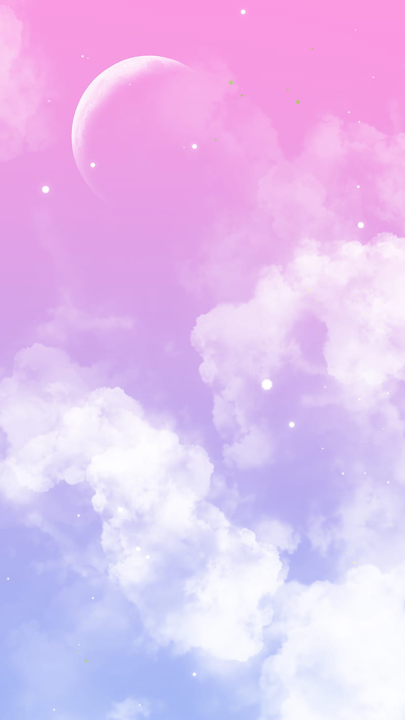 Pink skyland, cloud, cozy, moon, pastel, planet, purple, sky, space, HD phone wallpaper