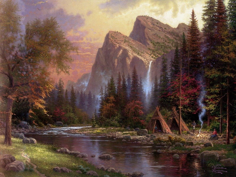 thomas kinkade painting, huge rocks, river, trees, tents, HD wallpaper