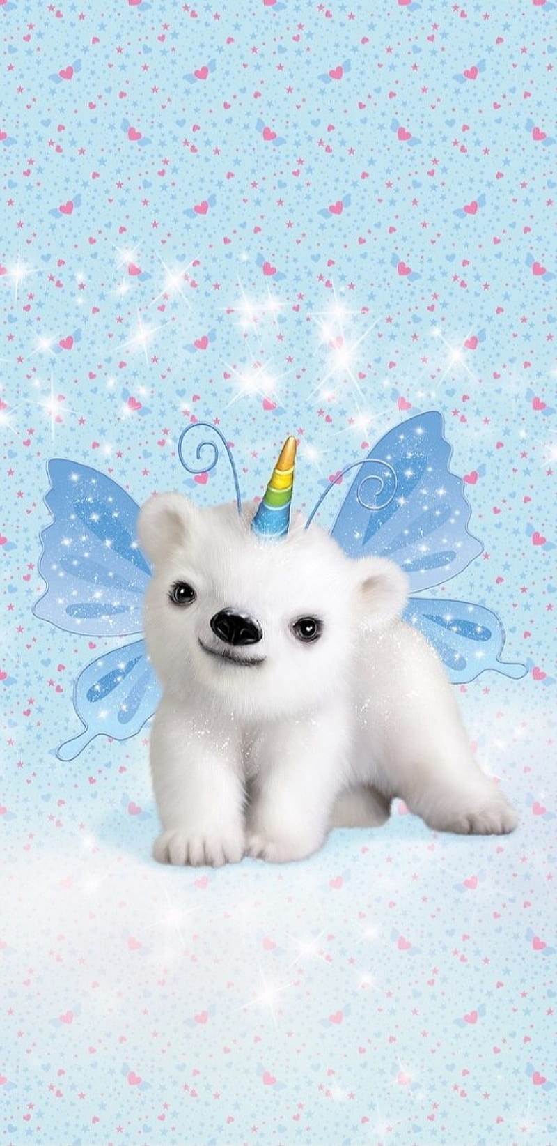 PolarCorn, cute, girly, pets, polar bear, pretty, rainbow, sparkle blue, unicorn, wings, HD phone wallpaper