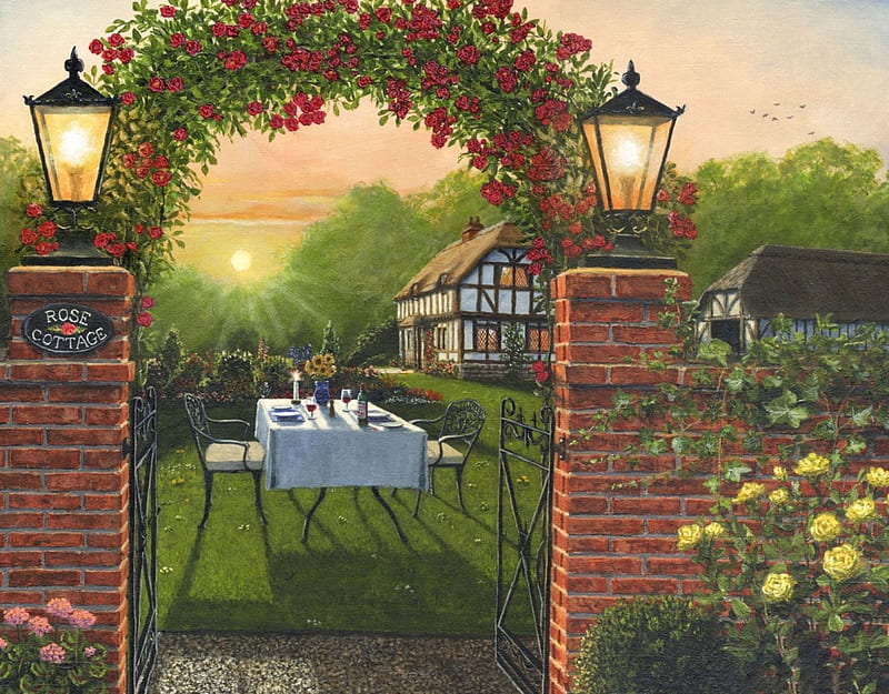 Dinner for Two at Rose Cottage, dinner, scenic, cottage, wine, roses, lights, arch, flowers, garden, HD wallpaper