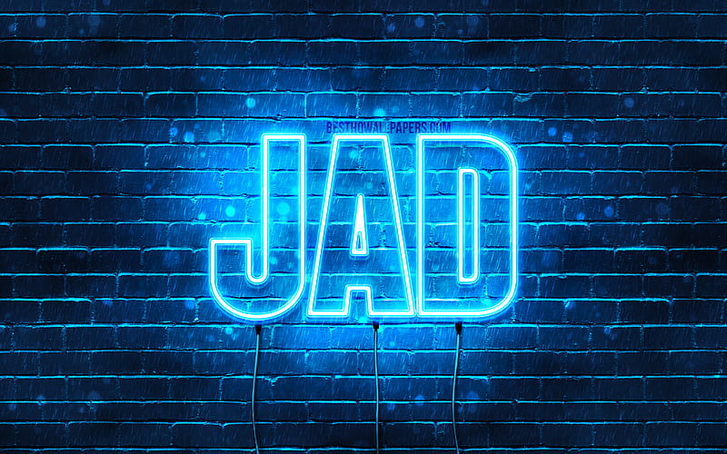 Jad with names, horizontal text, Jad name, Happy Birtay Jad, blue neon lights, with Jad name, HD wallpaper