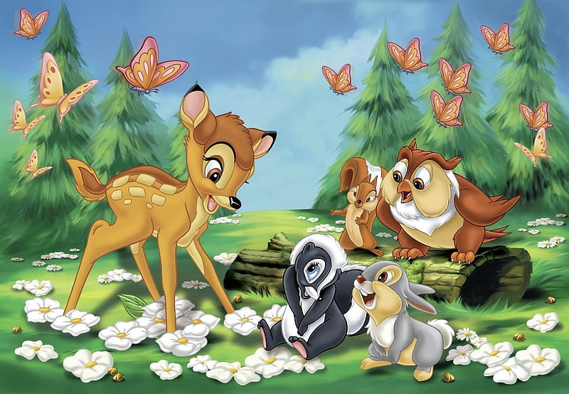 Bambi, owl, friend, movie, skunk, fantays, deer, cute, butterfly, bird, bunny, disney, HD wallpaper
