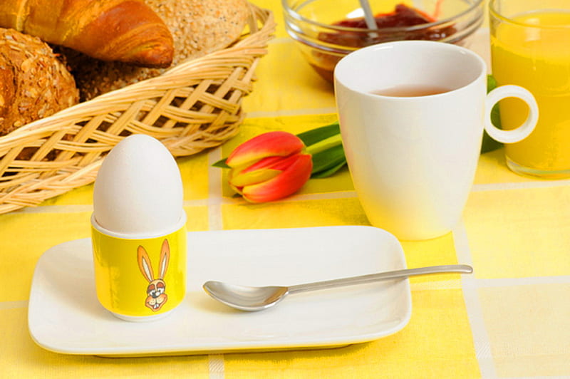 Easter brunch, brunch, egg, coffee, juice, baked goods, easter, tulip, HD wallpaper