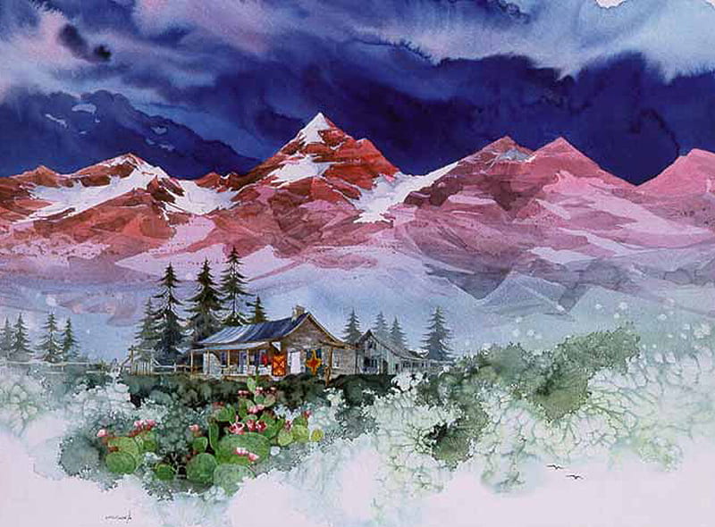 Mountain Home F2, art, house, home, atkinson, cactus, pines, michael atkinson, mountains, painting, flower, scenery, landscape, watercolor, HD wallpaper