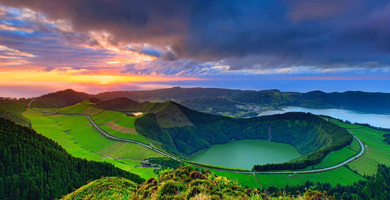 Sunset At Sao Miguel, Azores Islands, forest, town, bonito, sunset, sky, clouds, roads, crater lake, mountains, green grass, HD wallpaper