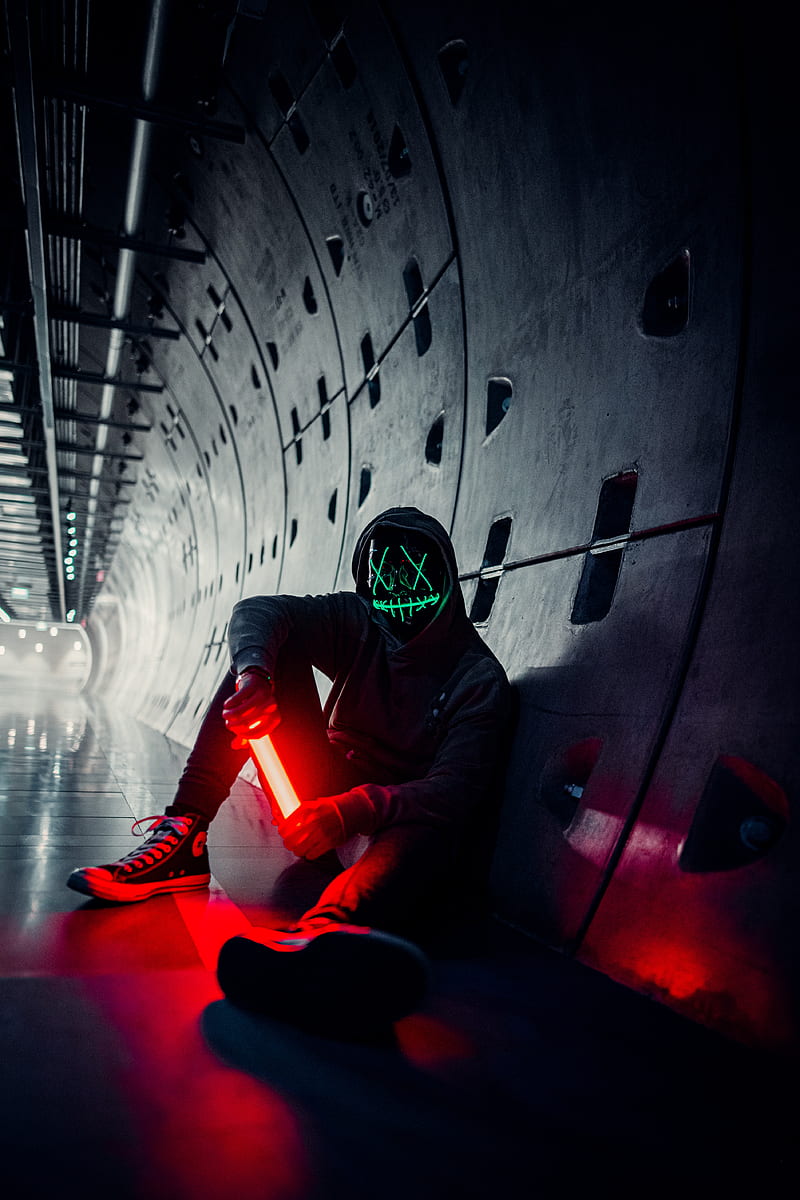 man, anonymous, mask, neon, tunnel, HD phone wallpaper