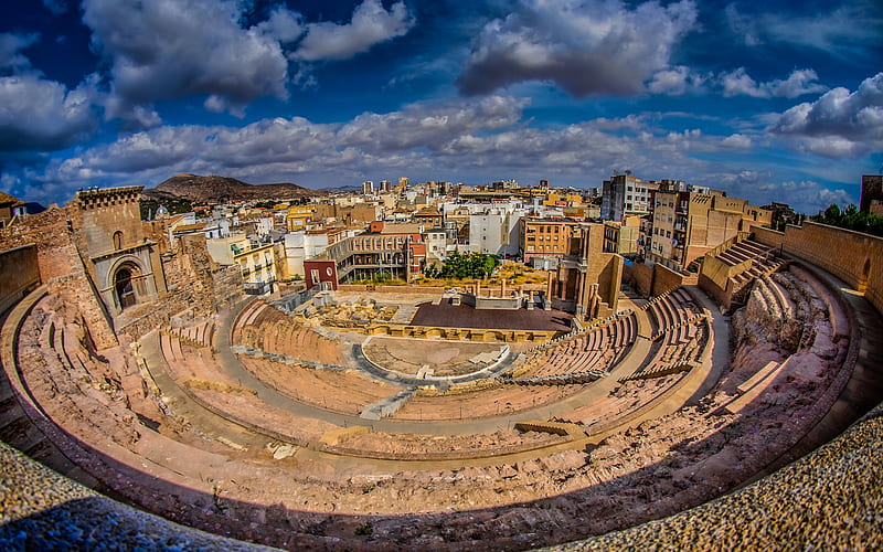 Roman theatre, Cartagena, ancient theater, ancient building, Cartagena cityscape, landmark, Spain, HD wallpaper