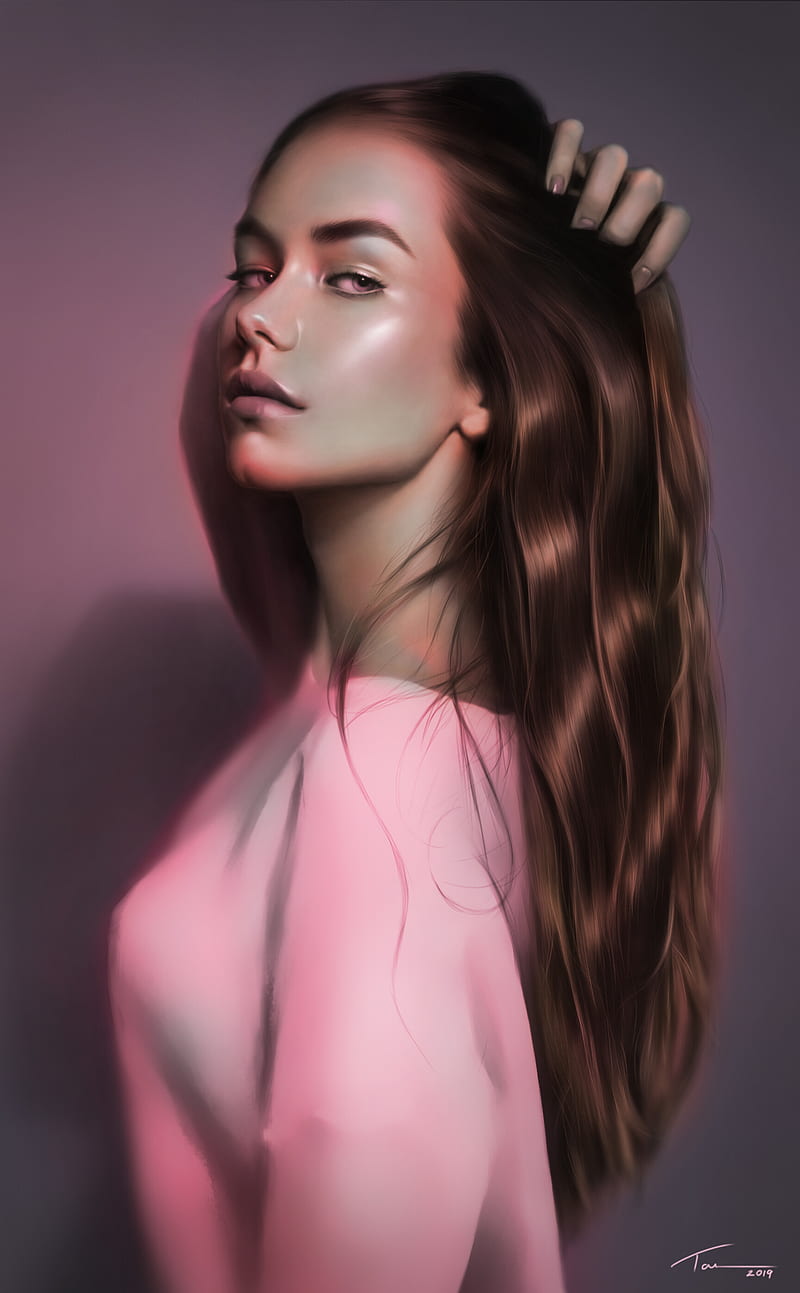 Tomas Valevicius, hair , long hair, portrait, arm behind head, brunette, portrait display, women, drawing, looking at viewer, closed mouth, artwork, simple background, vertical, Long Neck, ArtStation, HD phone wallpaper