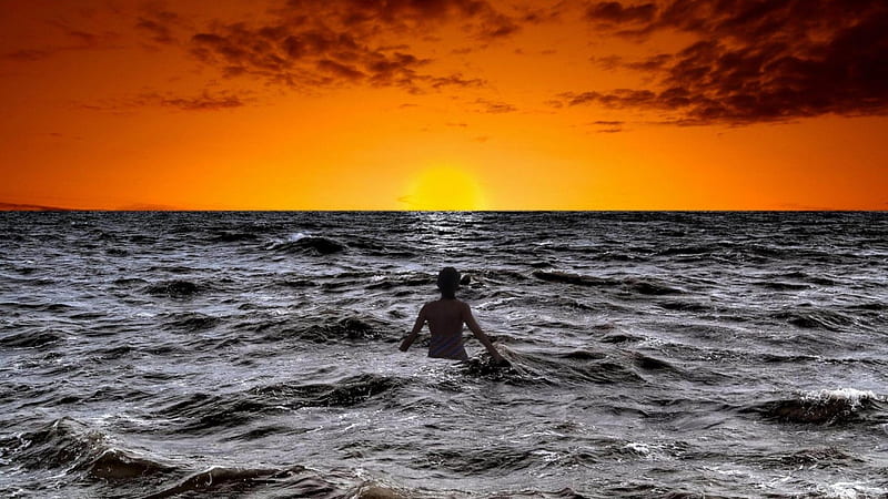 superb time to go into the sea, sunset, horizon, sea, bather, HD wallpaper