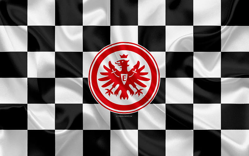 Eintracht Frankfurt logo, creative art, black and white checkered flag, German football club, Bundesliga, emblem, silk texture, Frankfurt am Main, Germany, football, Eintracht FC, HD wallpaper