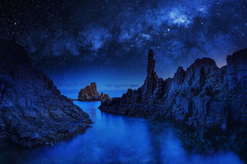 Blue Monolith, rocks, water, starshine, river, sea, HD wallpaper
