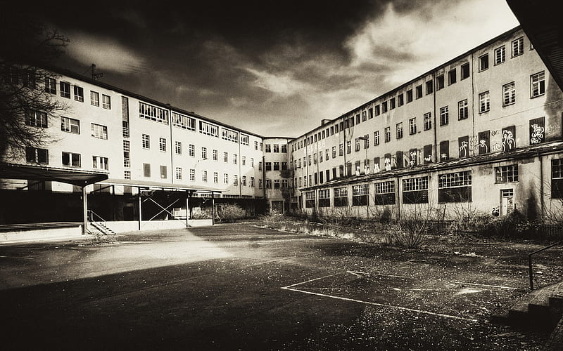 Black and White Architecture ruin An old hospital decay, HD wallpaper