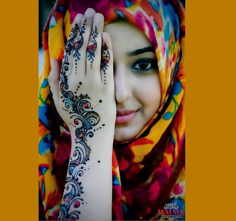 hijab girl, hijab, malay, mehndi, girl, HD wallpaper